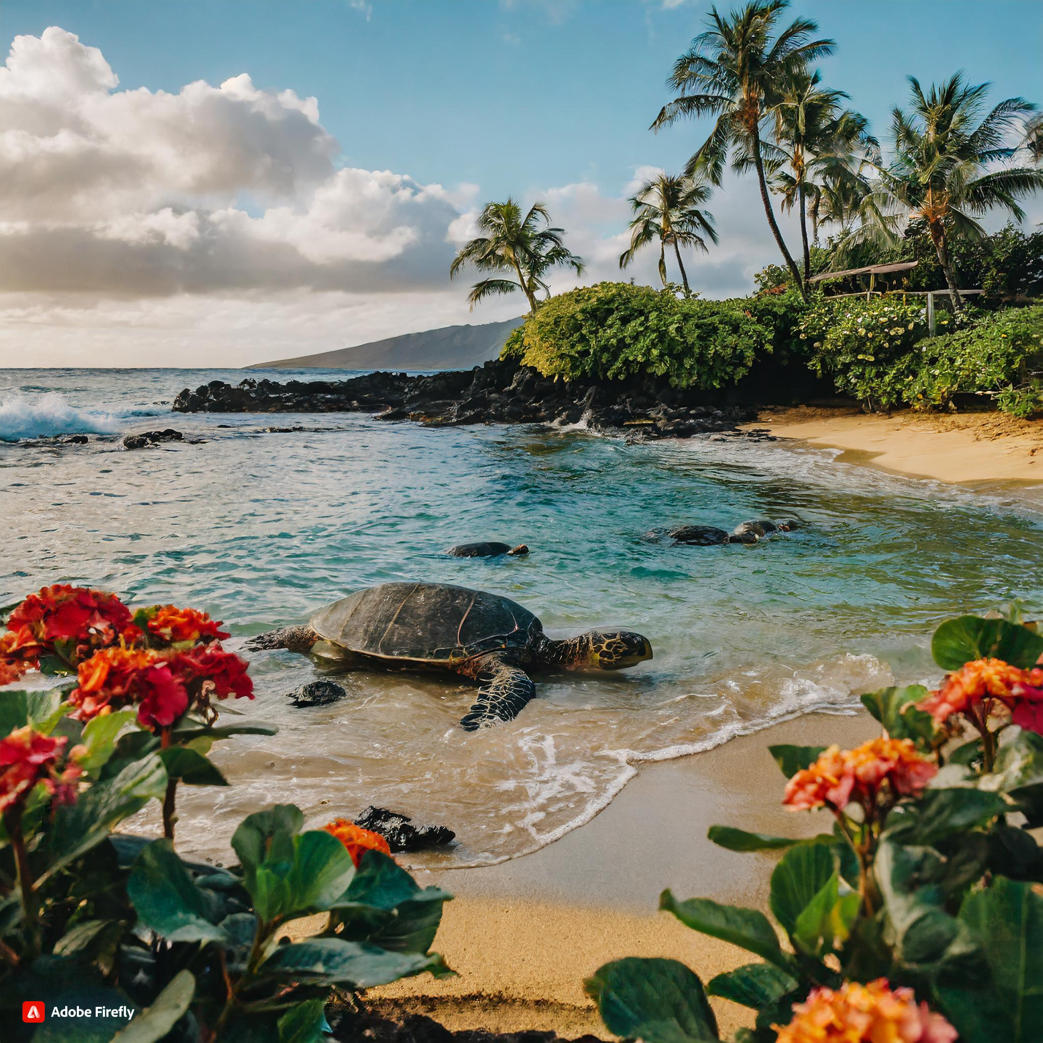 Firefly hawaii landscape by the beach with flowers and turtles in the water 49333.jpg